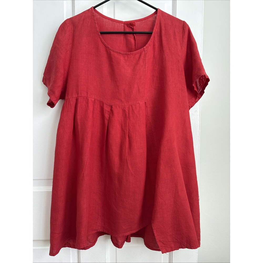 Made in Italy 100% Linen Red Tunic Top Short Sleeve Drop Waist Pleated